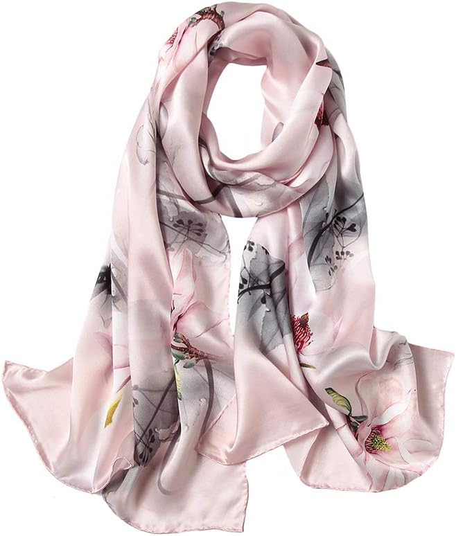 100% Mulberry Silk Scarfs for Women Floral Print Satin Long Scarf for Headscarf Hair Wraps Shawl with Gift Packed