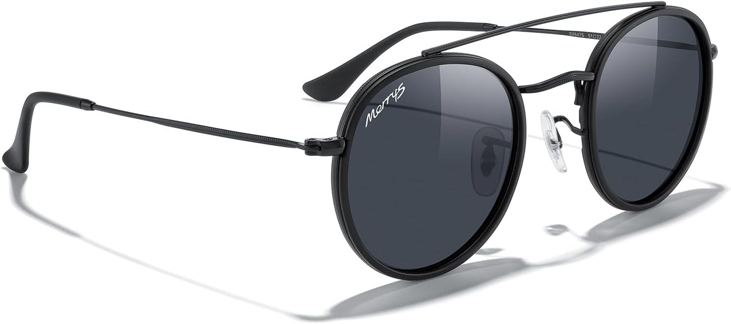 MERRY'S Retro Round Polarized Sunglasses - Unisex Double Bridge Sun Glasses