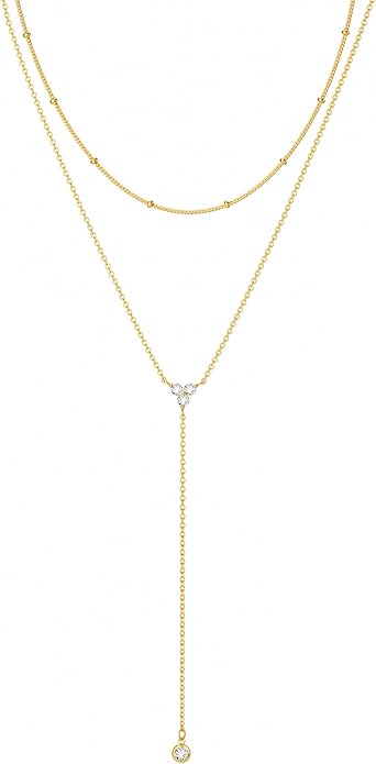 Foxgirl Lariat Gold Necklace for Women, Dainty Long Necklace 14k Gold Plated/Silver Y-Shaped Pendant Necklace Trendy Layered Cz Beaded Chain Drop Necklaces Simple Gold Jewelry For Women Gift