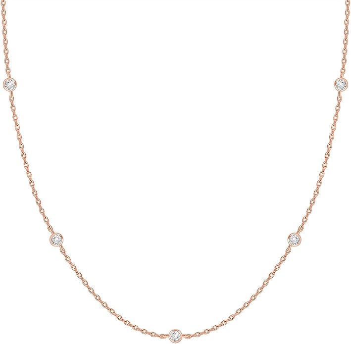 PAVOI 14K Gold Plated Station Necklace - Simulated Diamond Layering Necklaces - Womens CZ Chain