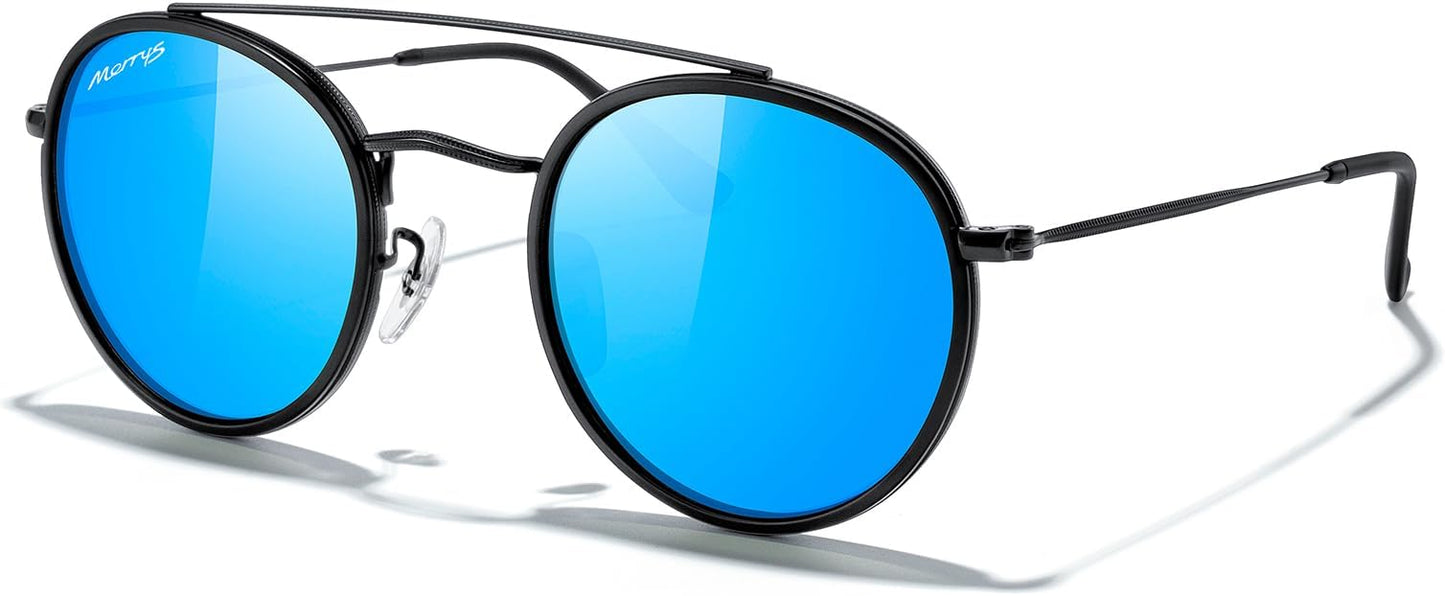 MERRY'S Retro Round Polarized Sunglasses - Unisex Double Bridge Sun Glasses