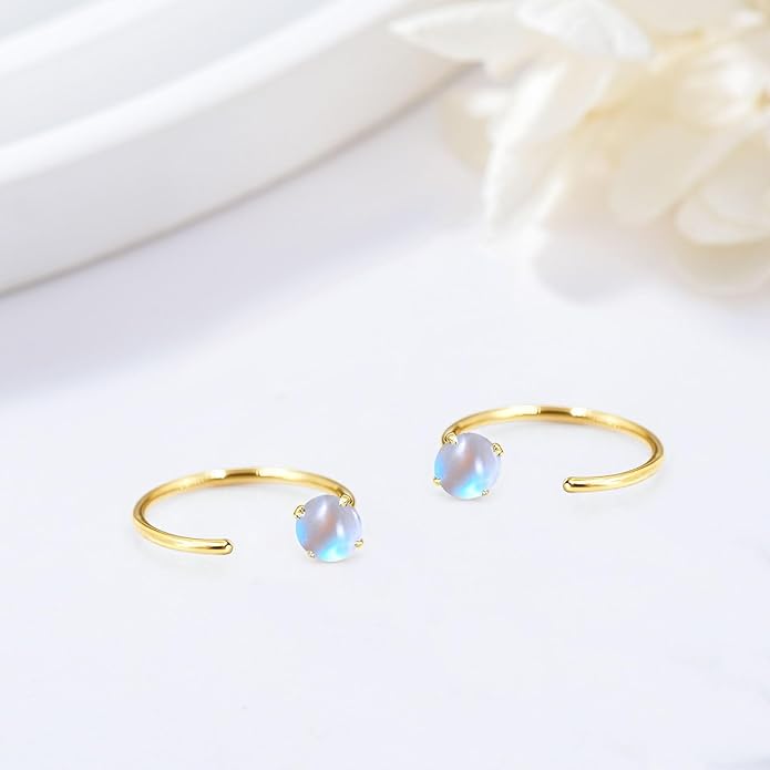 14K Gold Birthstone Huggie Half Hoop Earrings for Women,Round-cut Created Gemstone Minimalist Tiny Earring(4MM*2) Anniversary Birthday Mother's Day Jewelry for Mom Her