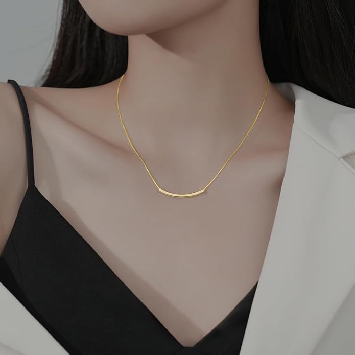 SLUYNZ Solid 925 Sterling Silver Minimalist Bar Choker Necklace for Women Teens Curved Tube Bar Pendant Necklace