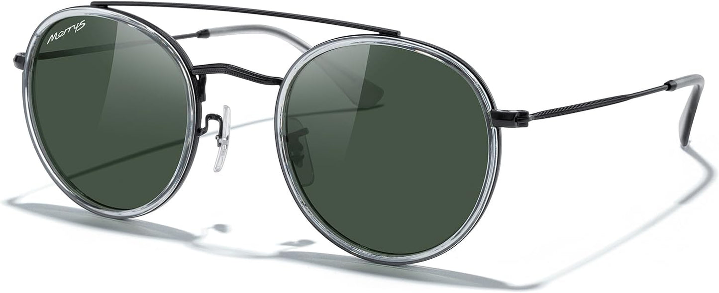 MERRY'S Retro Round Polarized Sunglasses - Unisex Double Bridge Sun Glasses