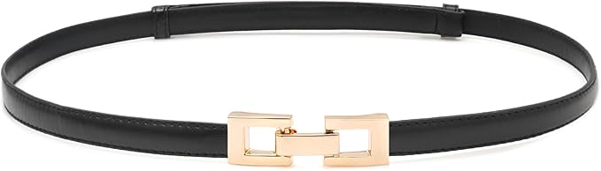 Women Skinny Belts, Thin Genuine Leather Waist Belts with Gold Buckle for Dresses
