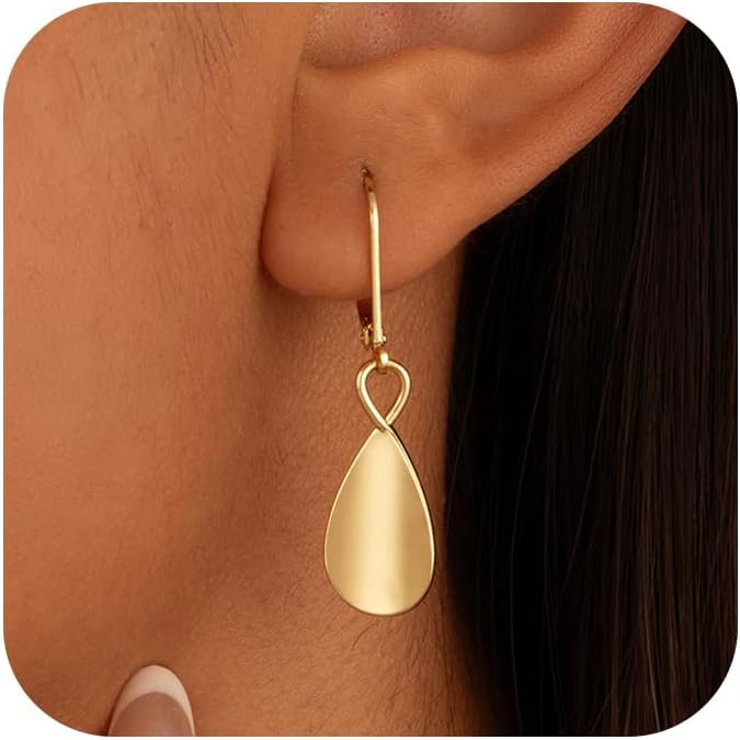 Gold Dangle Earrings for Women, 14K Gold Plated Lightweight Hypoallergenic Teardrop Drop Earrings, Trendy Leverback Minimalist Jewelry for Sensitive Ears Vacation Wear, 7-Styles
