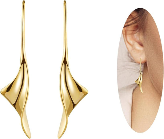 14K Gold Hoop Earrings for Women, Hypoallergenic Spiral Threader Gold Plated Dangle Earrings Fashion Jewelry，Gift for Women