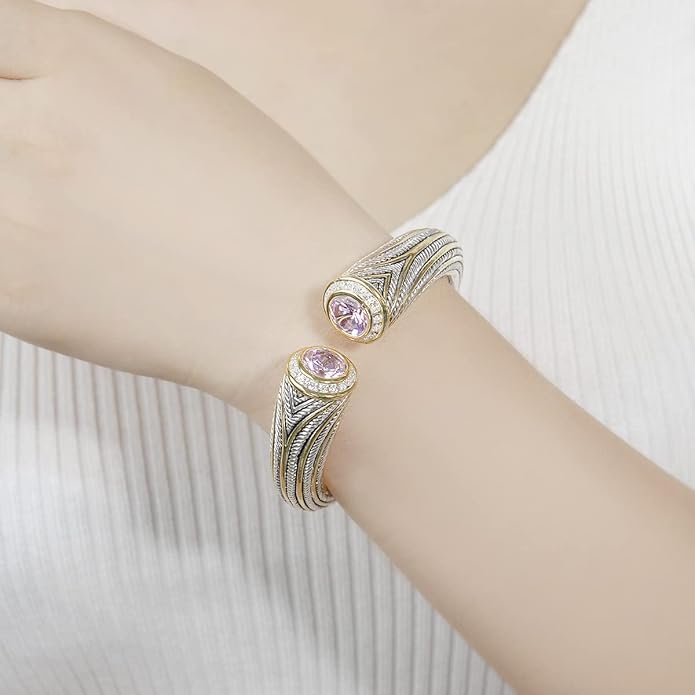 UNY JEWEL Jewelry Multi Strand Twisted Wire Cable Inlay 12mm CZ Vintage Antique Two Tone Elegant Designer Inspired Unique Spring Open Cuff Bangle