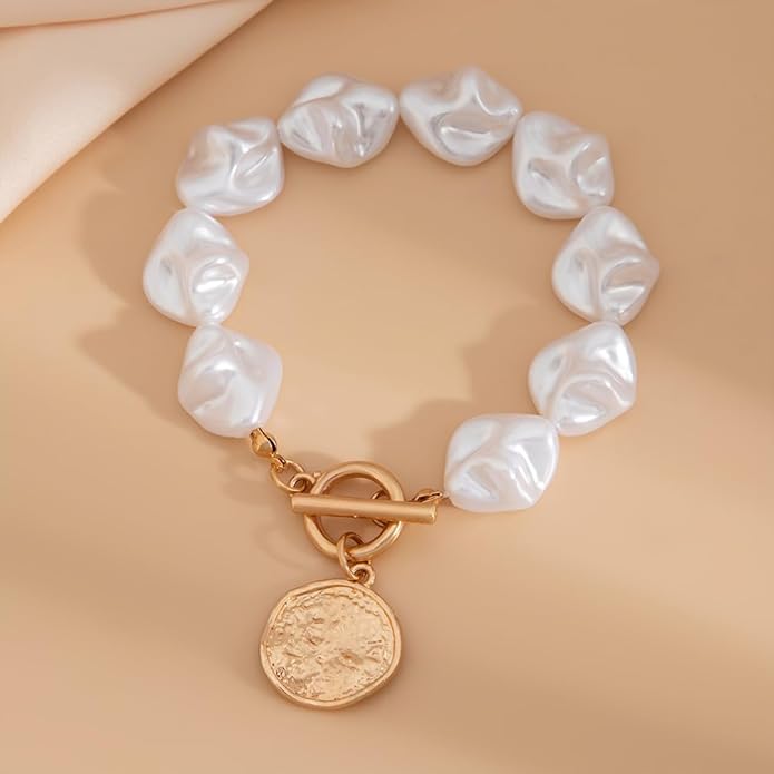 14K Gold OT Buckle Coin Pearl Paperclip Stacked Bracelet Set for Women, Statement Snake Pearl Paper Clip Bracelets Stack Dainty Prom Party Jewelry Gift