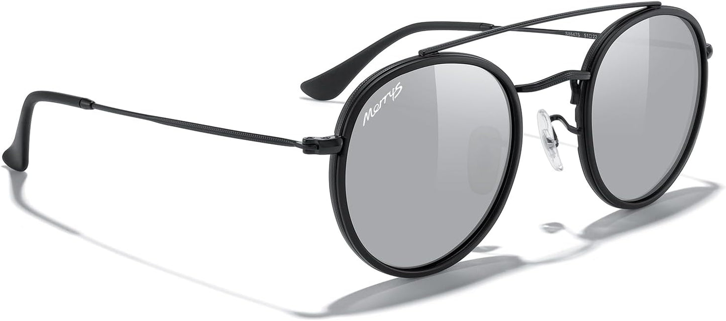 MERRY'S Retro Round Polarized Sunglasses - Unisex Double Bridge Sun Glasses