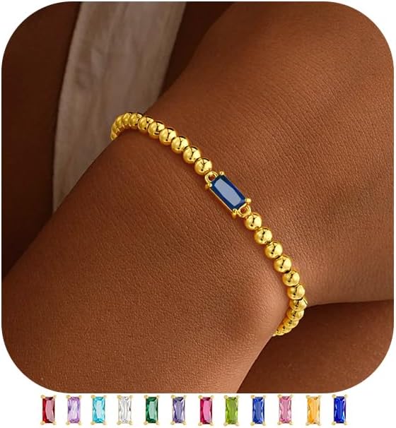 Yoosteel Dainty Birthstone Bracelet for Women - Elastic 14K-Gold-Plated Bead Bracelets Trendy Friendship Birthday Jewelry Gifts for Women