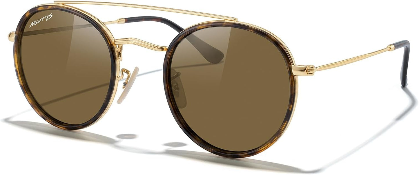 MERRY'S Retro Round Polarized Sunglasses - Unisex Double Bridge Sun Glasses