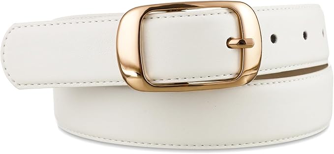 Womens White Belts with Gold Buckle Leather Belts for Women Ladies Fashion Waist Belt