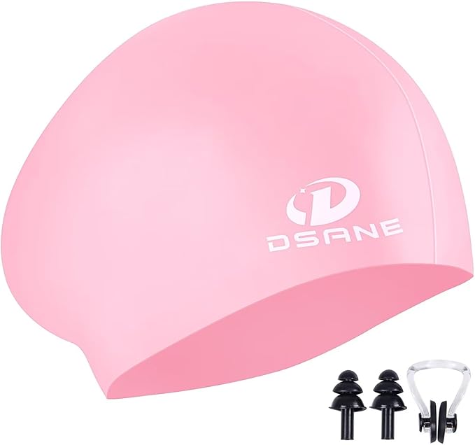 Womens Silicone Swim Cap for Long Hair,3D Ergonomic Design Silicone Swimming Caps for Women Kids Men Adults Boys Girls with Ear Plug and Nose Clip
