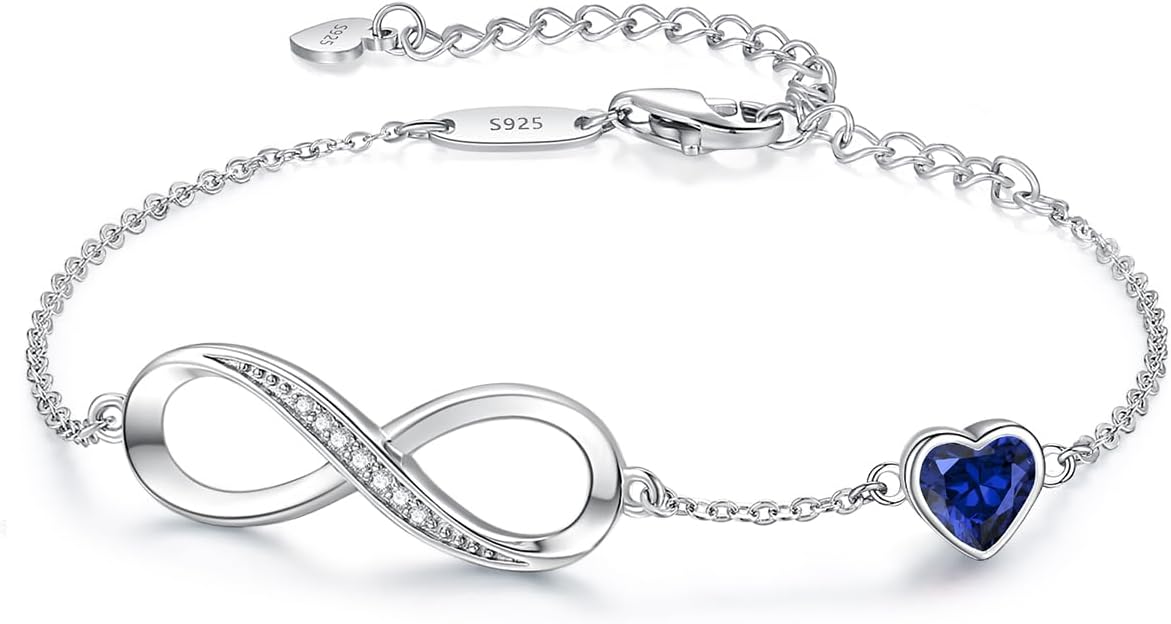 CDE Infinity Heart Birthstone Charm Link Bracelet for Women 925 Sterling Silver Adjustable Mother's Day Christmas Day Gift Anniversary Birthday Jewelry for Wife Girlfriend Her