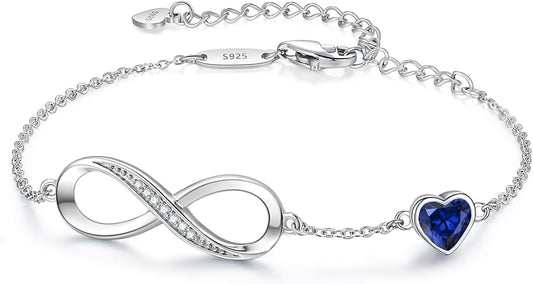 CDE Infinity Heart Birthstone Charm Link Bracelet for Women 925 Sterling Silver Adjustable Mother's Day Christmas Day Gift Anniversary Birthday Jewelry for Wife Girlfriend Her