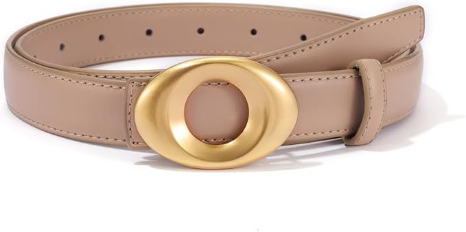 Women's Elegant Casual Genuine Leather Belt with Matte Oval Vintage Gold Buckle for Jeans Pants Dresses