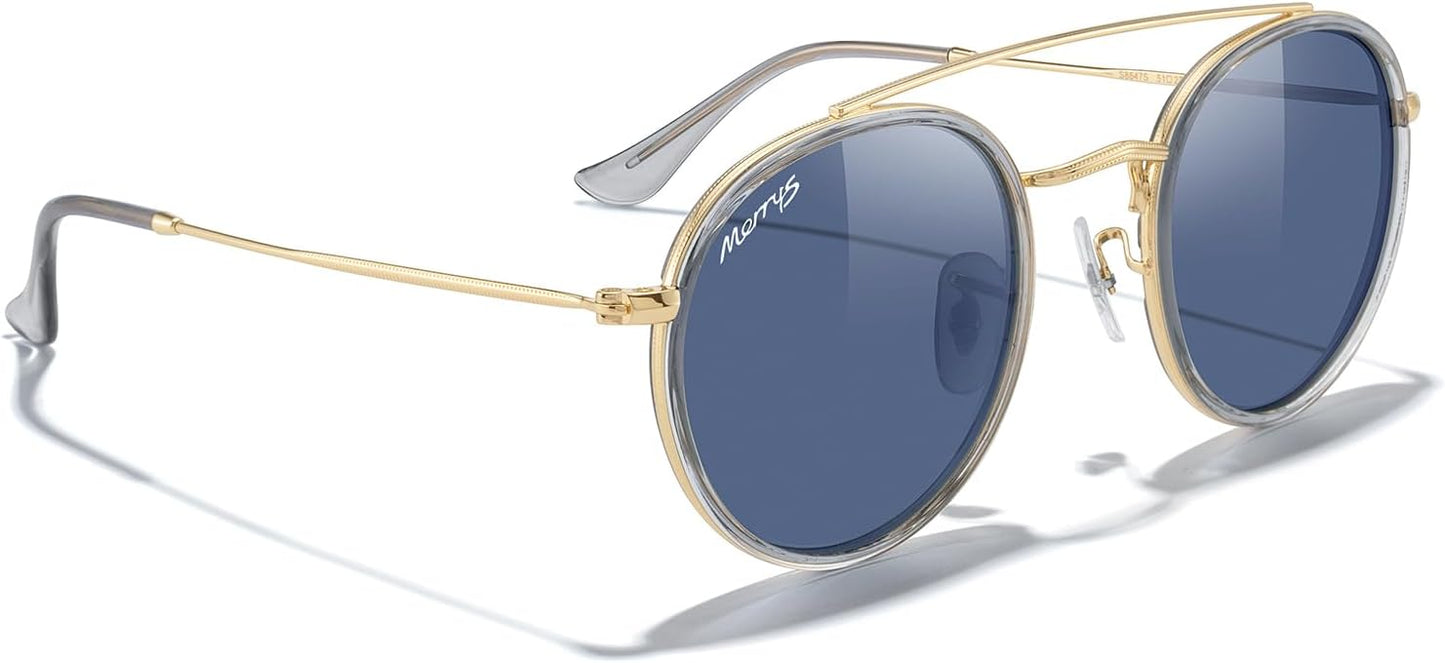 MERRY'S Retro Round Polarized Sunglasses - Unisex Double Bridge Sun Glasses