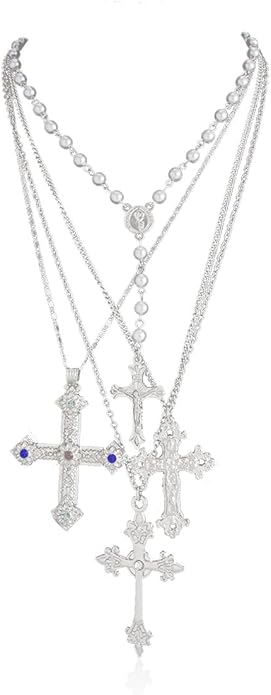 Gold Color Cross Pendant Necklace Set for Women,Dainty Big Crystal Cross Imitation pearl Layered Chain Necklace Summer Party Jewelry