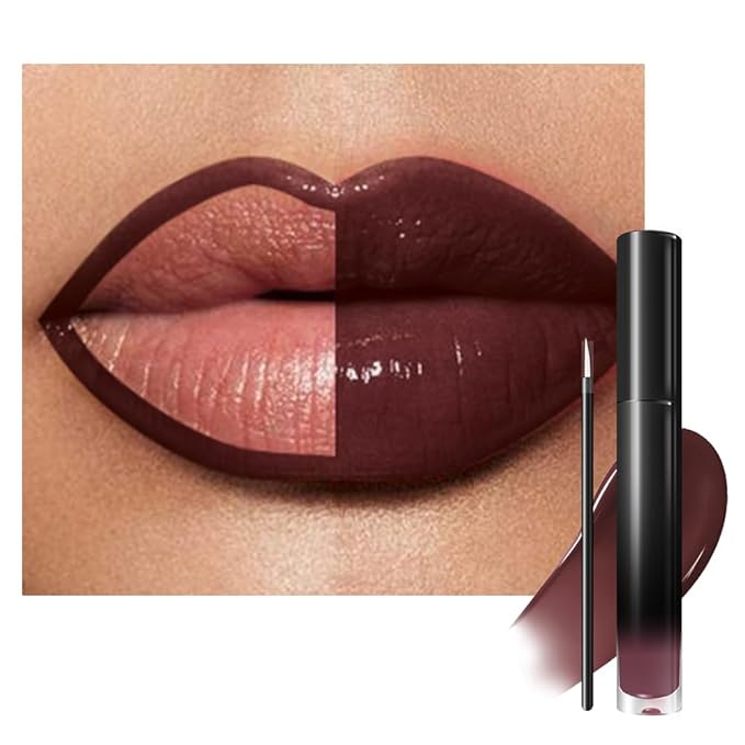 evpct Brown Eggplant Purple Shiny Longwear No-Budge Liquid Lip Color Lipstick Makeup, Highly Pigmented Color Instant Shine, Waterproof Long Lasting Lipstick Lip Stain Gloss with Lip Liner Brush, 10#
