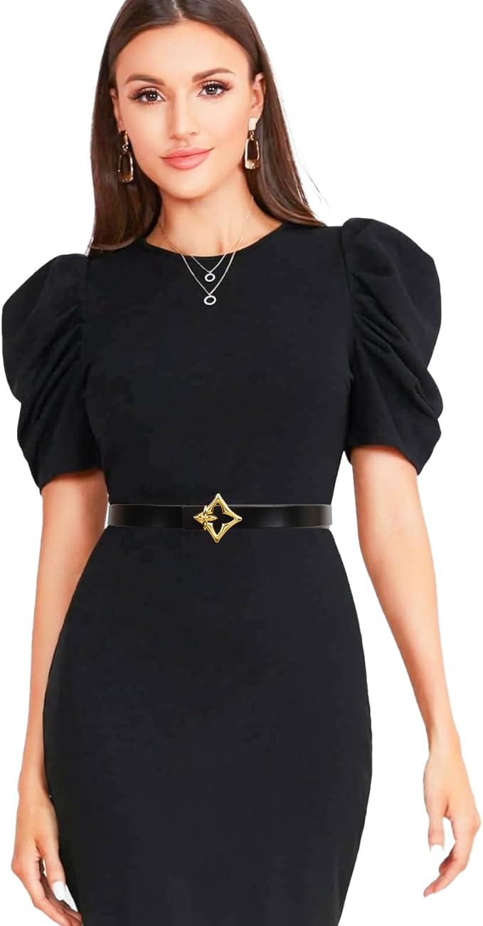 Women's Fashion Classic Metal Buckle Leather Belt with Jeans Dress