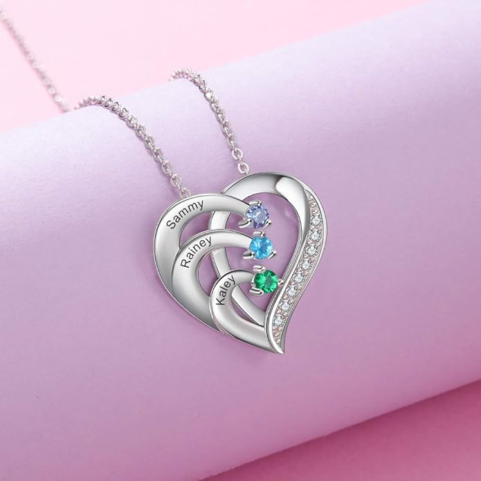 GLAMCARAT Personalized mothers necklace with birthstones names sterling silver jewelry for women customized engraved necklace