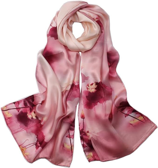 100% Mulberry Silk Scarfs for Women Floral Print Satin Long Scarf for Headscarf Hair Wraps Shawl with Gift Packed