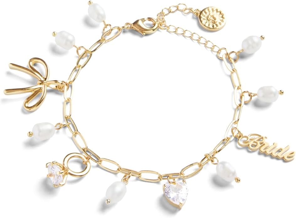 xo, Fetti Gold Bride Charm Bracelet | Pearl Bachelorette Accessory, Rhinestone Bridal Jewelry, Bach Party Decorations, Bridesmaid Gift, Wedding Chain Bangle