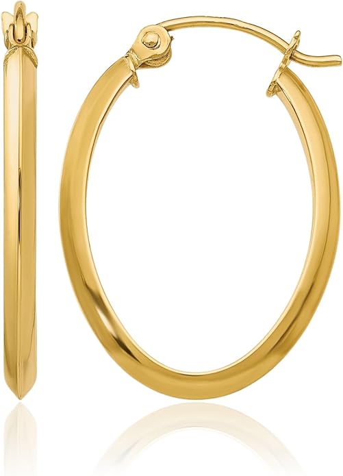 14K Yellow Gold Hoop Earrings Medium Oval 2mm Wide Polished Snap Back For Women Everyday Gift Luxury Jewelry