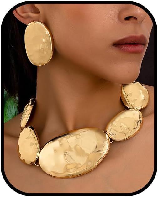 Gold Statement Necklace and Earring Set,Hammered Long Big Pendant Chunky Necklaces and Earrings Extra Large Long Accessories for Women Trendy Jewelry Set Gifts