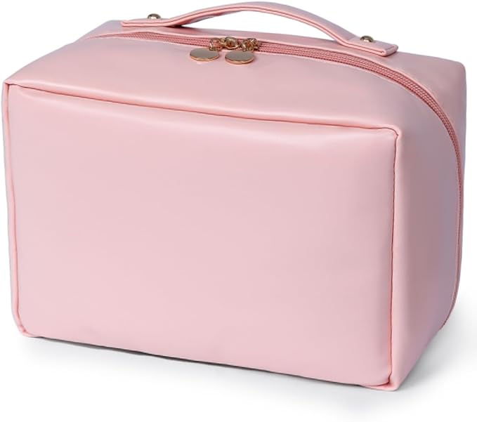 Travel Makeup Organizer Bag, Large Capacity Cosmetic Bags with Multiple Compartments, Open-Flat Toiletry Bag Portable Waterproof Pouch for Women Beauty Essentials (Pink)