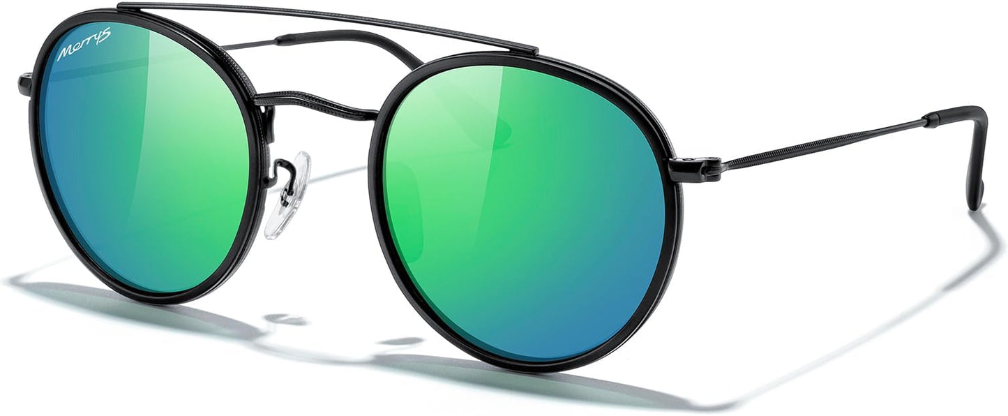 MERRY'S Retro Round Polarized Sunglasses - Unisex Double Bridge Sun Glasses