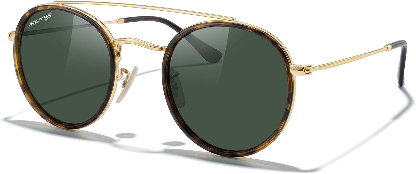 MERRY'S Retro Round Polarized Sunglasses - Unisex Double Bridge Sun Glasses