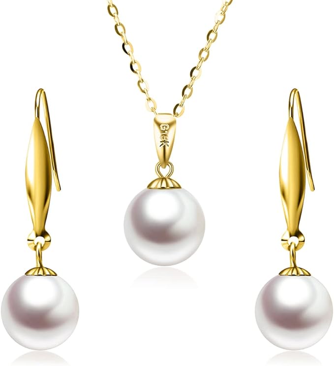 Real 14k Gold Pearl Necklaces and 18k Gold Pearl Earrings Set for Women, Fine Jewelry Gifts for Her,