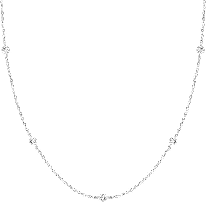 PAVOI 14K Gold Plated Station Necklace - Simulated Diamond Layering Necklaces - Womens CZ Chain