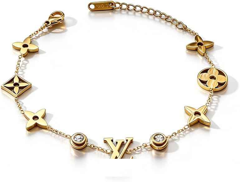 Gold Chain Bracelet with Crystal Accents, Luxury Logo Design, Fashion Jewelry for Women and Men