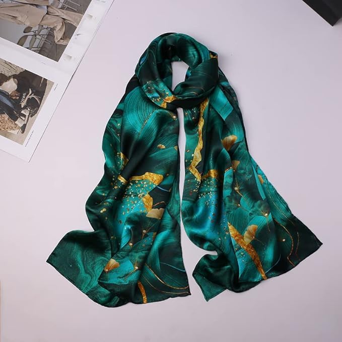 100% Mulberry Silk Scarfs for Women Floral Print Satin Long Scarf for Headscarf Hair Wraps Shawl with Gift Packed
