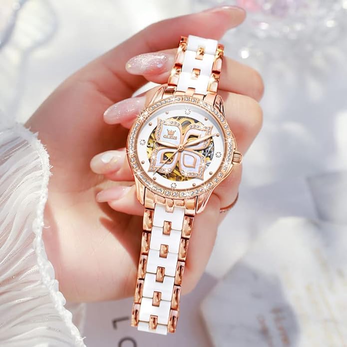 OLEVS Womens Automatic Watch, Premium Large Face Diamond Accented Self Winding Watches for Women, Fashion Waterproof Ladies Dress Watch, Two Tone Stainless Steel Ceramic Bracelet