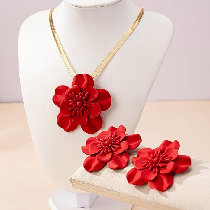 Vintage Flower Necklace Earring Set Gold Snake Chain Necklace Bohemian Red Flowers Choker Necklaces Hypoallergenic Statement Flower Stud Earrings Elegant Bridal Wedding Summer Beach Jewelry