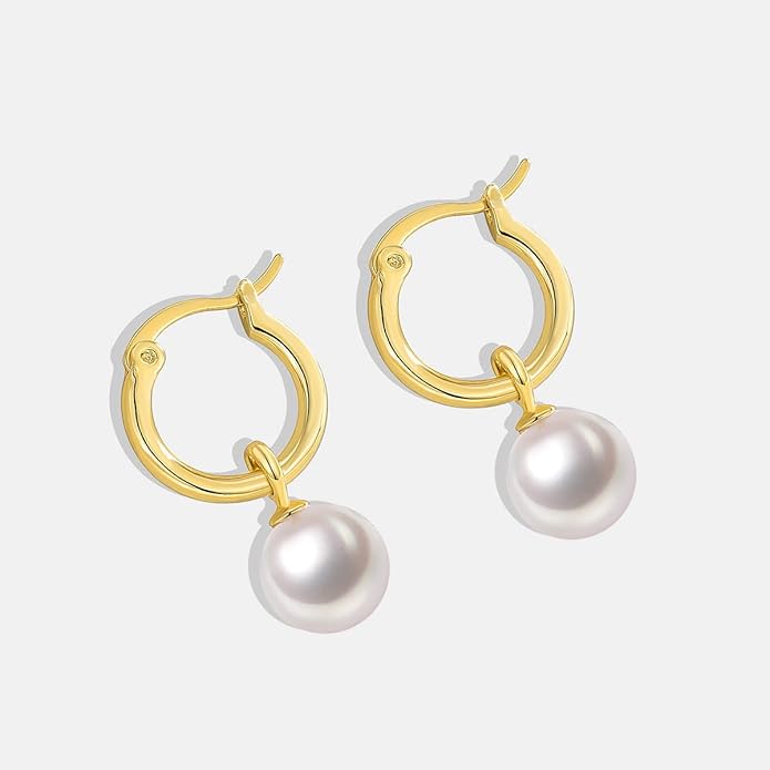 14K Gold/White Gold Plated Minimalist Pearl Hoop Earrings,Huggies Dangle Earrings Jewelry