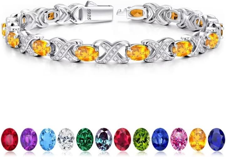 Iefil Oval Birthstone Tennis Bracelets for Women Wife, Unique X O Design Fine Jewelry Valentine's Day Gift Anniversary Birthday Gift 925 Sterling Silver Birthstone Jewelry for Mom Girlfriend Her