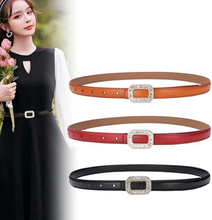 Women Rhinestone Leather Belt, Womens Leather Belt with Crystal Diamond Buckle, Designer Belts for Pants Jeans Dresses