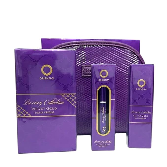 ORIENTICA Velvet Gold 4-Piece Gift Set Eau De Parfum - Vanilla, Bergamot, Gourmand, Caramel, Violet, Patchouli, Rose, Musk - Arabic Perfume for Men & Women - 2.7 Fl Oz + 0.33 Fl Oz + Atomizer + Bag