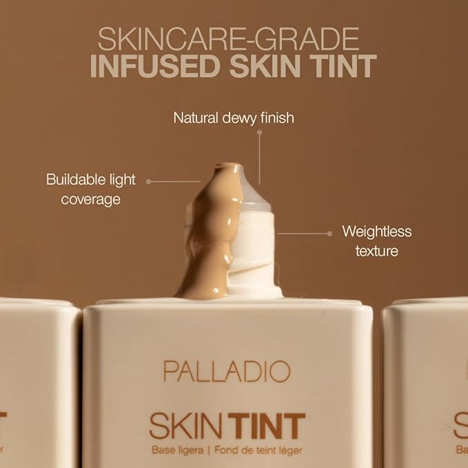 Palladio Skin Tint with Aloe, Niacinamide and Hyaluronic Acid, Sheer to Medium Coverage, Glowy Finish, Brightening and Blurring Lightweight Foundation Makeup (Dark Caramel)