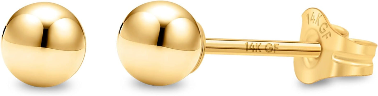 Kezef 14K Gold Filled Ball Stud Earrings for Women - Thick 14K Gold Layer, Hypoallergenic for Sensitive Ears, Round Studs | 3mm-9mm