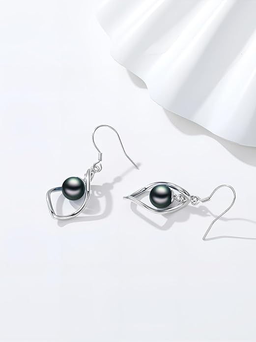 Tahitian Black Pearl AAAA 18K Gold Plated Sterling Silver Dangle Drop Earrings for Women Wife Mom Girlfriend Valentine Her Jewelry Gift for Anniversary Birthday Christmas