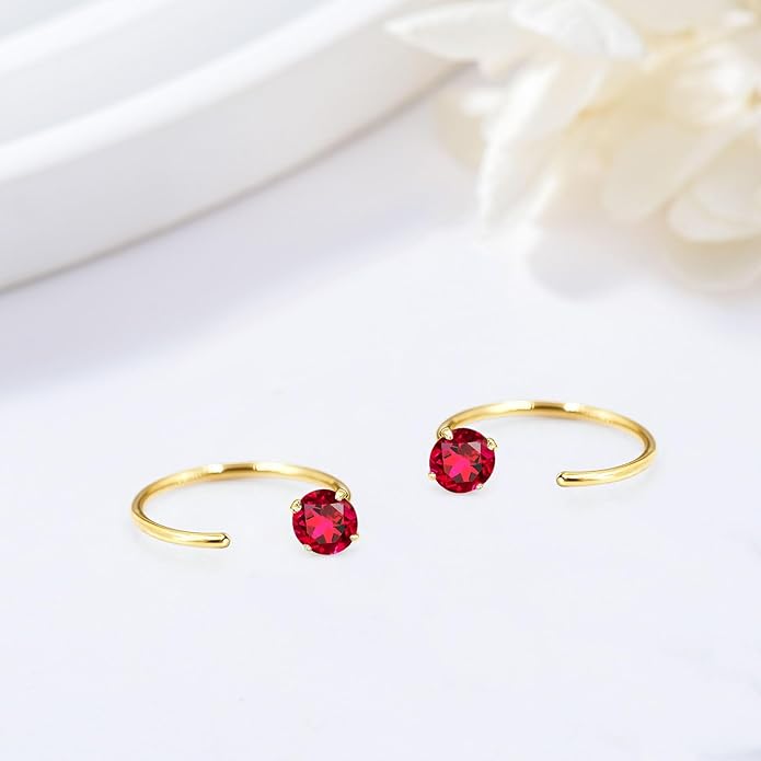 14K Gold Birthstone Huggie Half Hoop Earrings for Women,Round-cut Created Gemstone Minimalist Tiny Earring(4MM*2) Anniversary Birthday Mother's Day Jewelry for Mom Her