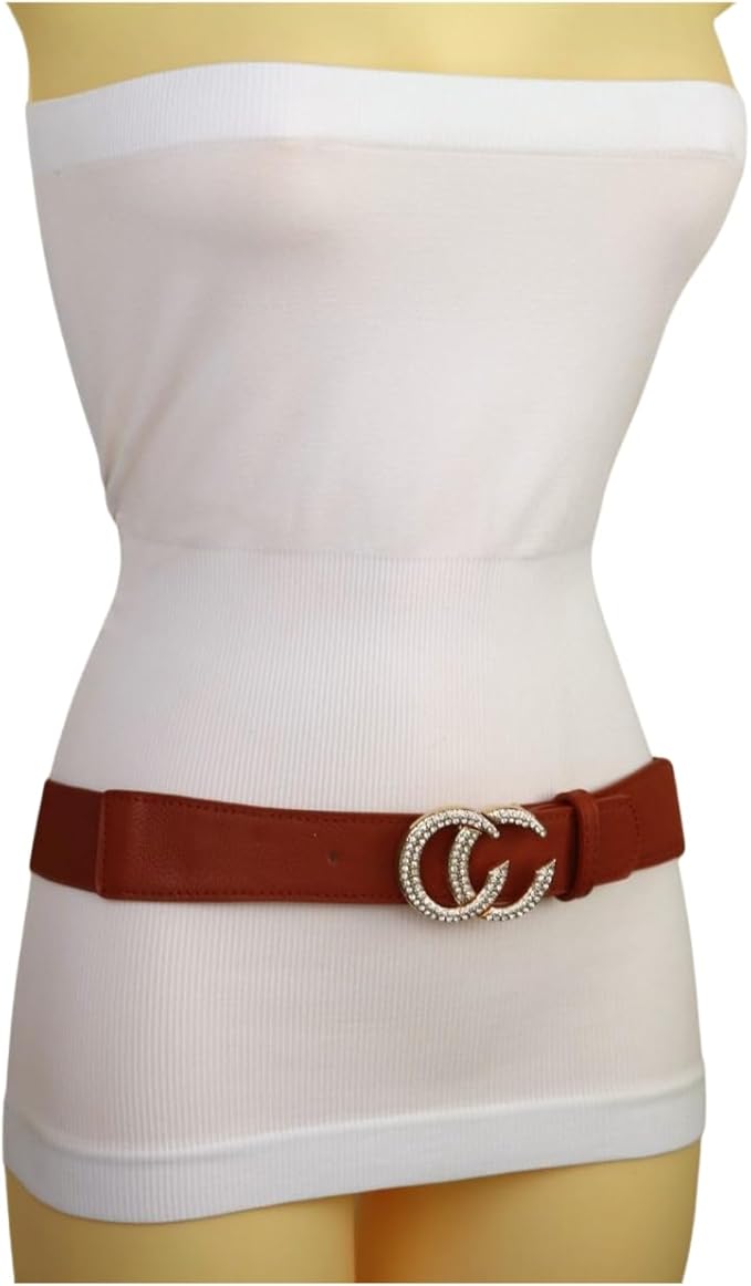 Women's Brown Faux Leather Stretch Waist Belt – Chic Rhinestone CC Buckle – Skinny Adjustable Fashion Accessory – Size S/M – WB30