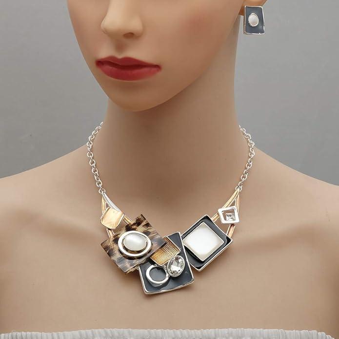 CSY Fashion Boho Oval Crystal Opals Statement Bib Necklace Earrings Bohemian Enamel Costume Jewelry Set Gifts for Women