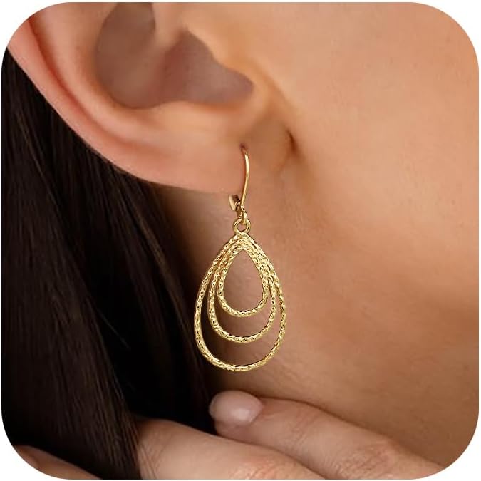 Gold Dangle Earrings for Women, 14K Gold Plated Lightweight Hypoallergenic Teardrop Drop Earrings, Trendy Leverback Minimalist Jewelry for Sensitive Ears Vacation Wear, 7-Styles